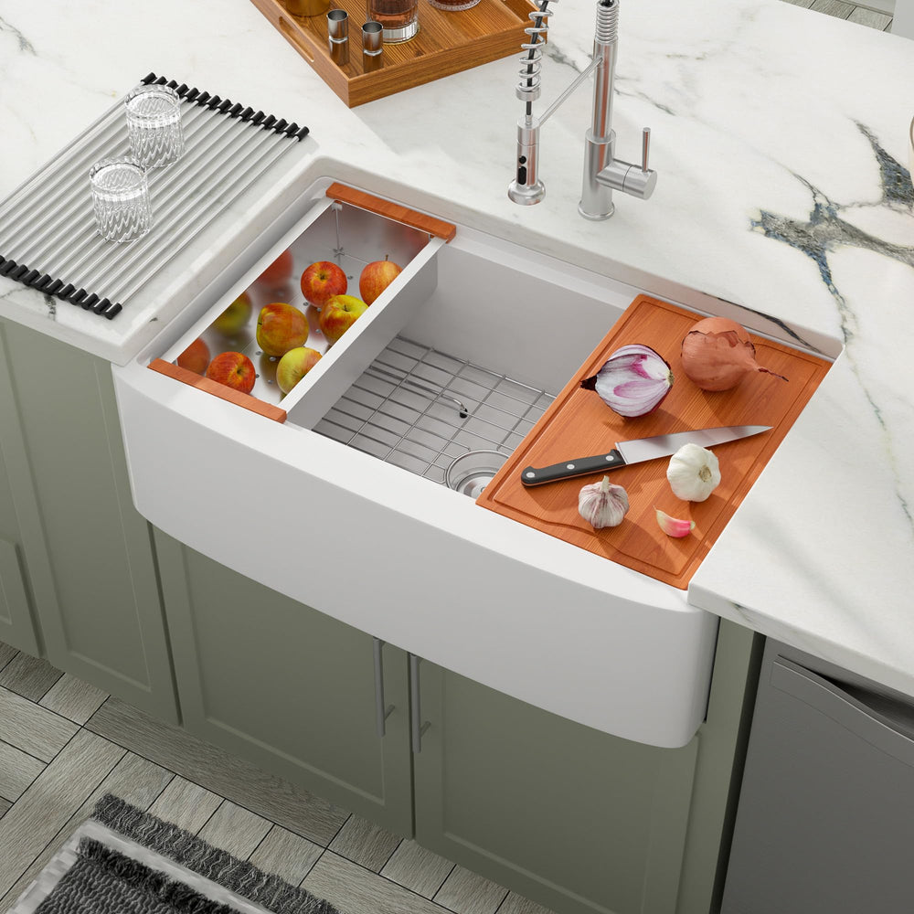 33" × 21" White Apron-Front Workstation Fireclay Kitchen Sink – DC-A7766