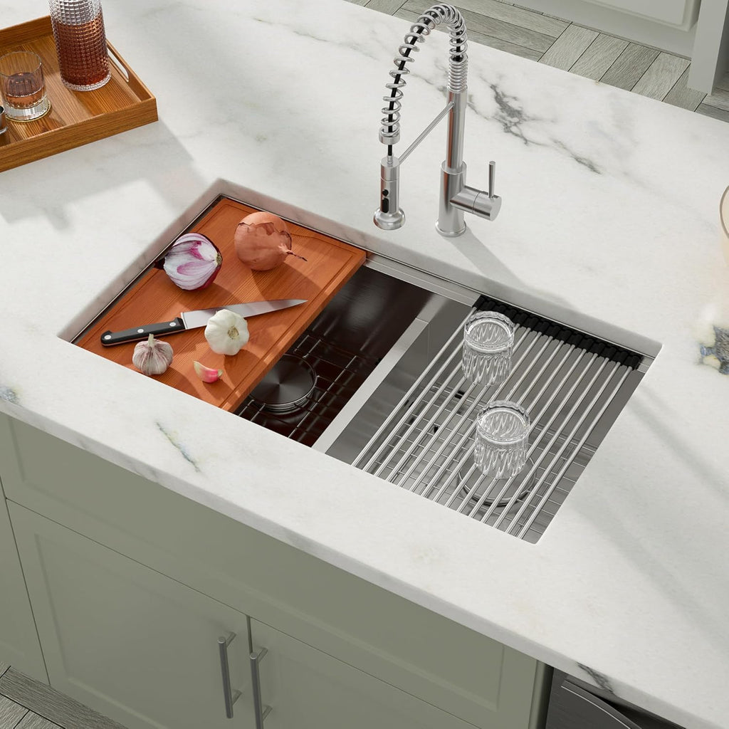 Dcolora 33''x19''x10'' Undermount Double Bowl Kitchen Sink Workstation, 16 Gauge Stainless Steel 50/50 Low Divide Split Basin