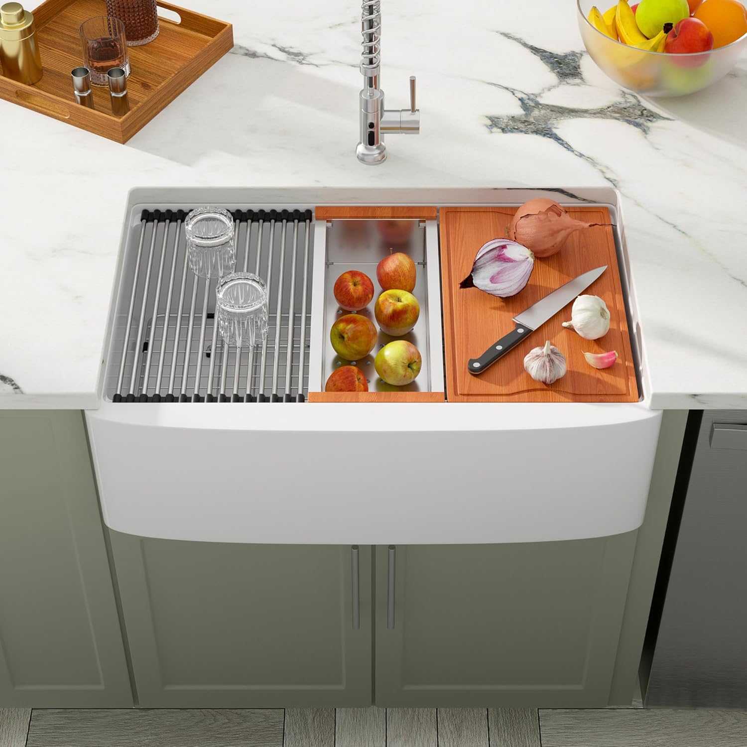 Dcolora 33 Inch White Farmhouse Sink Workstation Ceramic Farm Kitchen Sinks with Slide Ledge Curved Apron Front White Fireclay Porcelain Single Bowl, 33"x21"x10" DC-A7766