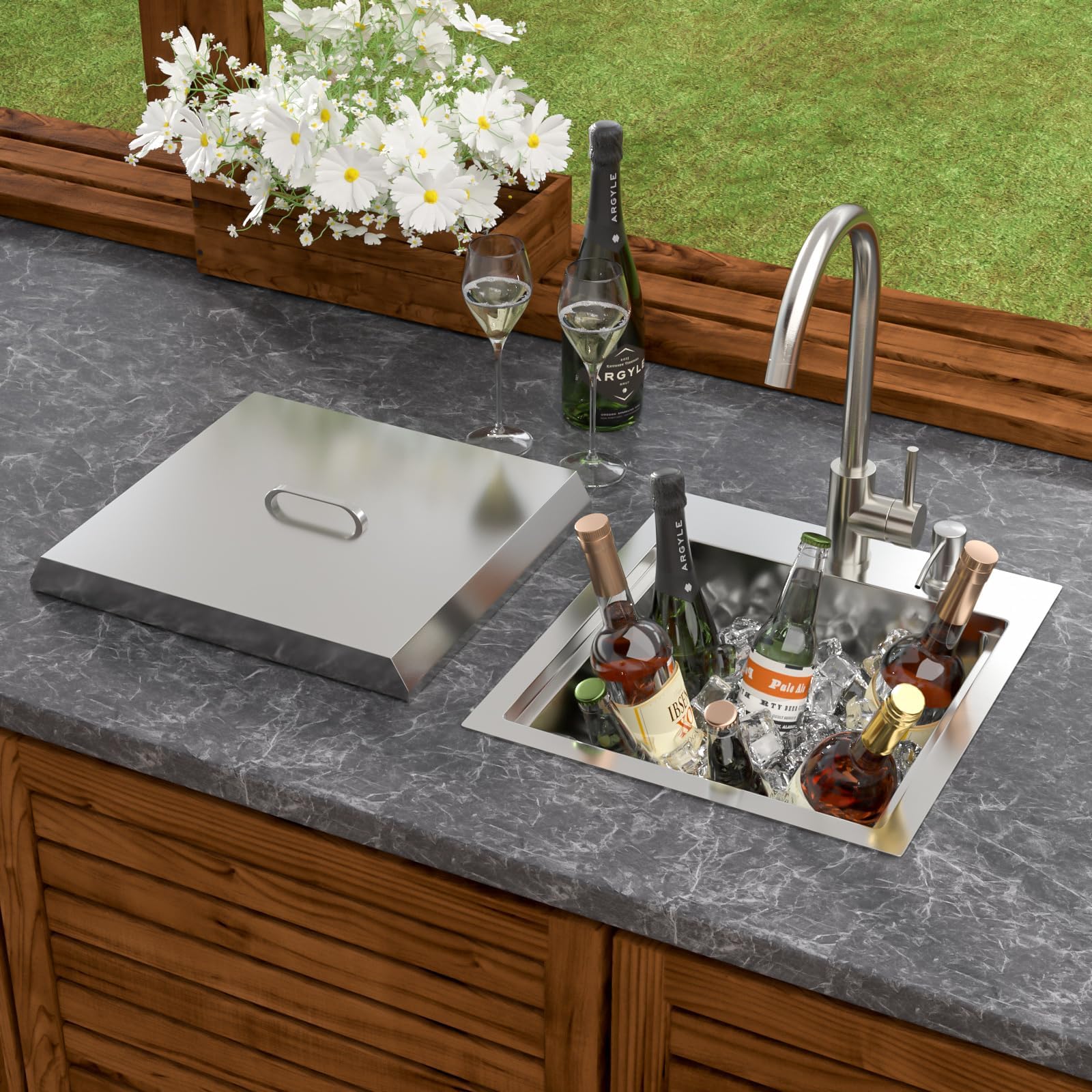 Dcolora DC-TW1718-FC 17-inch outdoor kitchen sink with faucet and cover