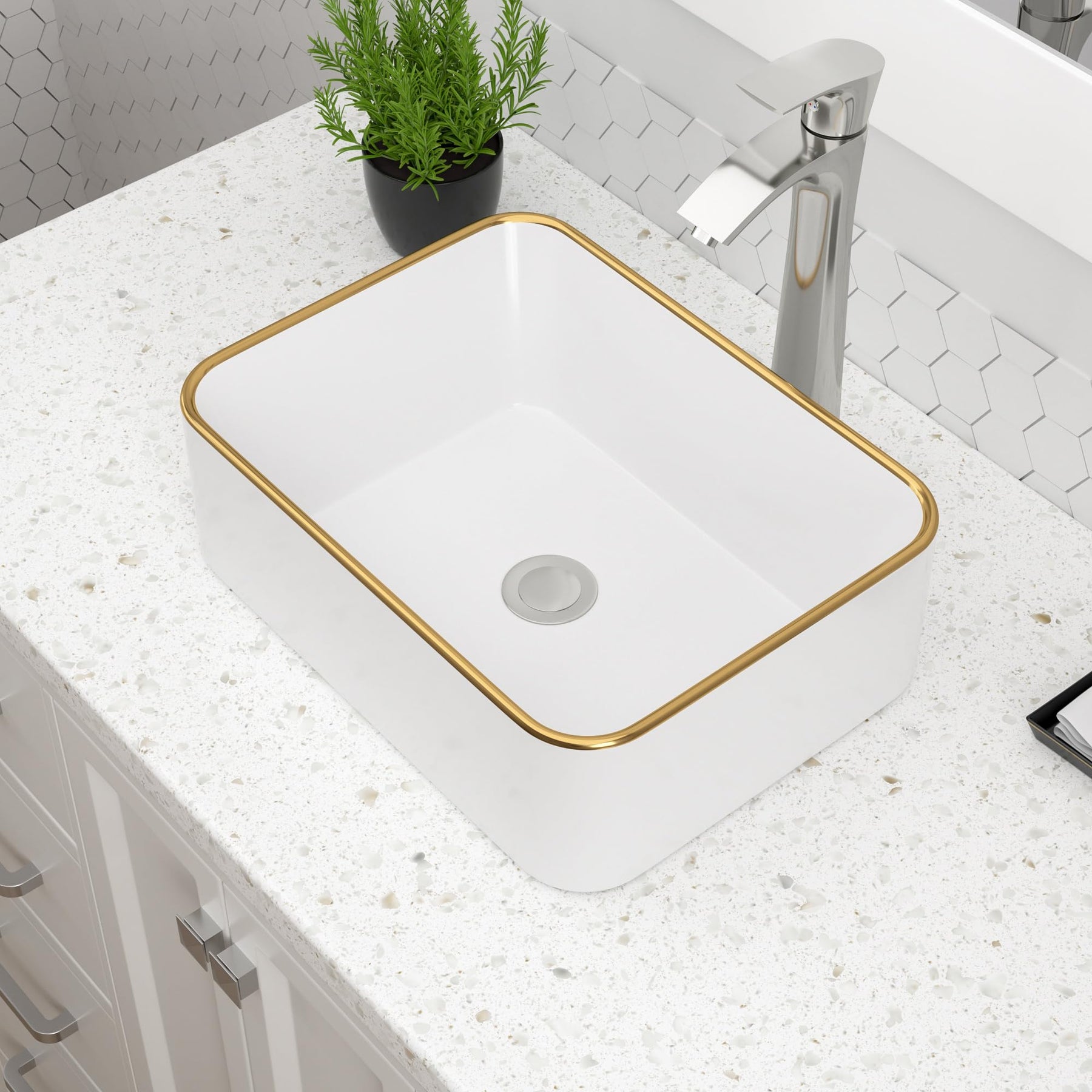 Dcolora DC-V8881 15.75-inch vessel bathroom sink in white with gold rim