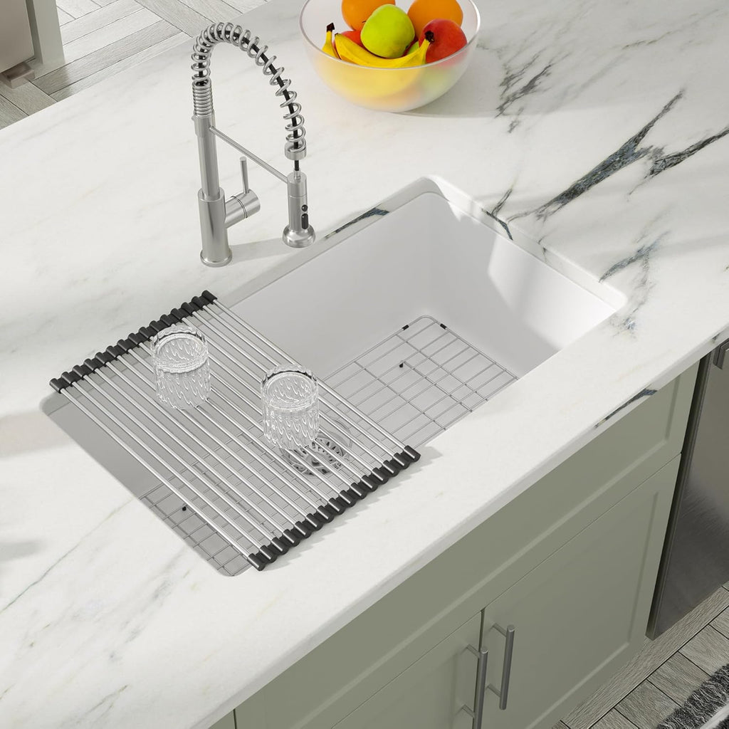 Dcolora 33''x19'' White Quartz Composite Undermount Kitchen Sink, Deep Single Bowl Basin, Round Corner