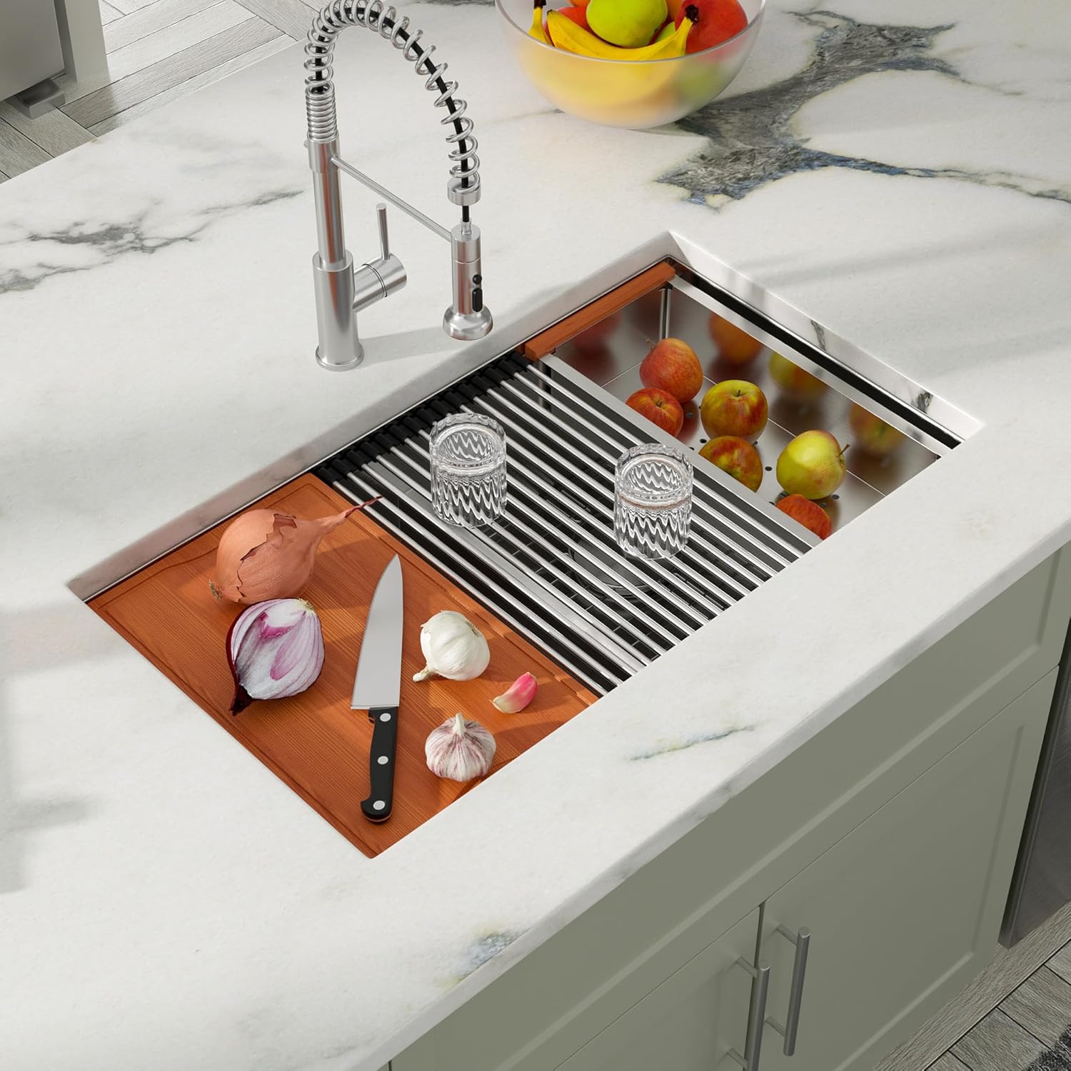 Dcolora 33 Inch Double Bowl Undermout Kitchen Sink Stainless Steel Workstation Sinks Ledge Workstation 50/50 Split Low Divided 16 Gauge Under Counter Basin, 33"x19"x10" DC-U7709