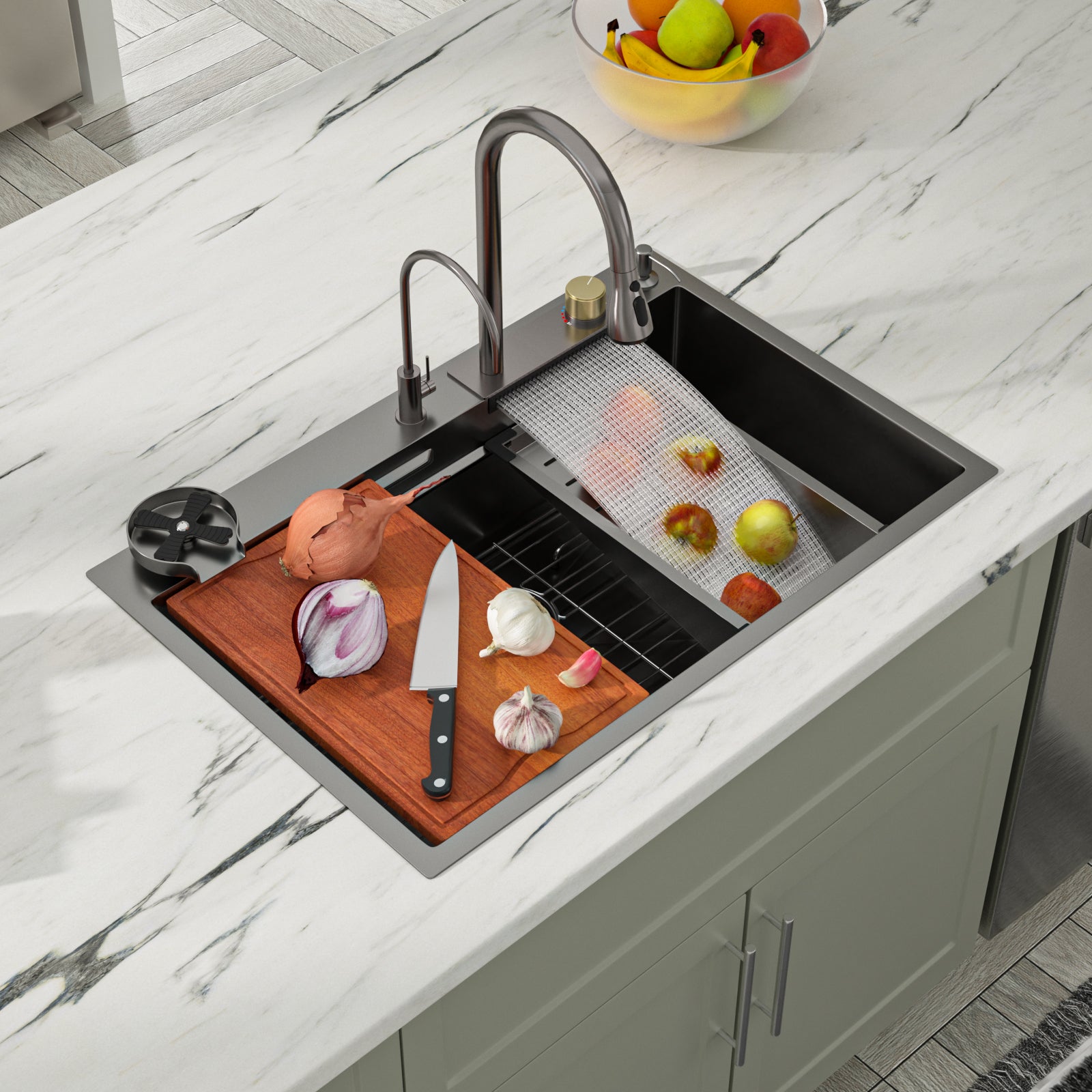 Dcolora 33x22 Black Waterfall Kitchen Sink Smart Workstation Sink with Faucet Combo 304 Stainlee Steel 16 Gauge Drop In Single Bowl Multifunctional Top Mount Sink DC-FY0002, 33 inch Gunmetal Black