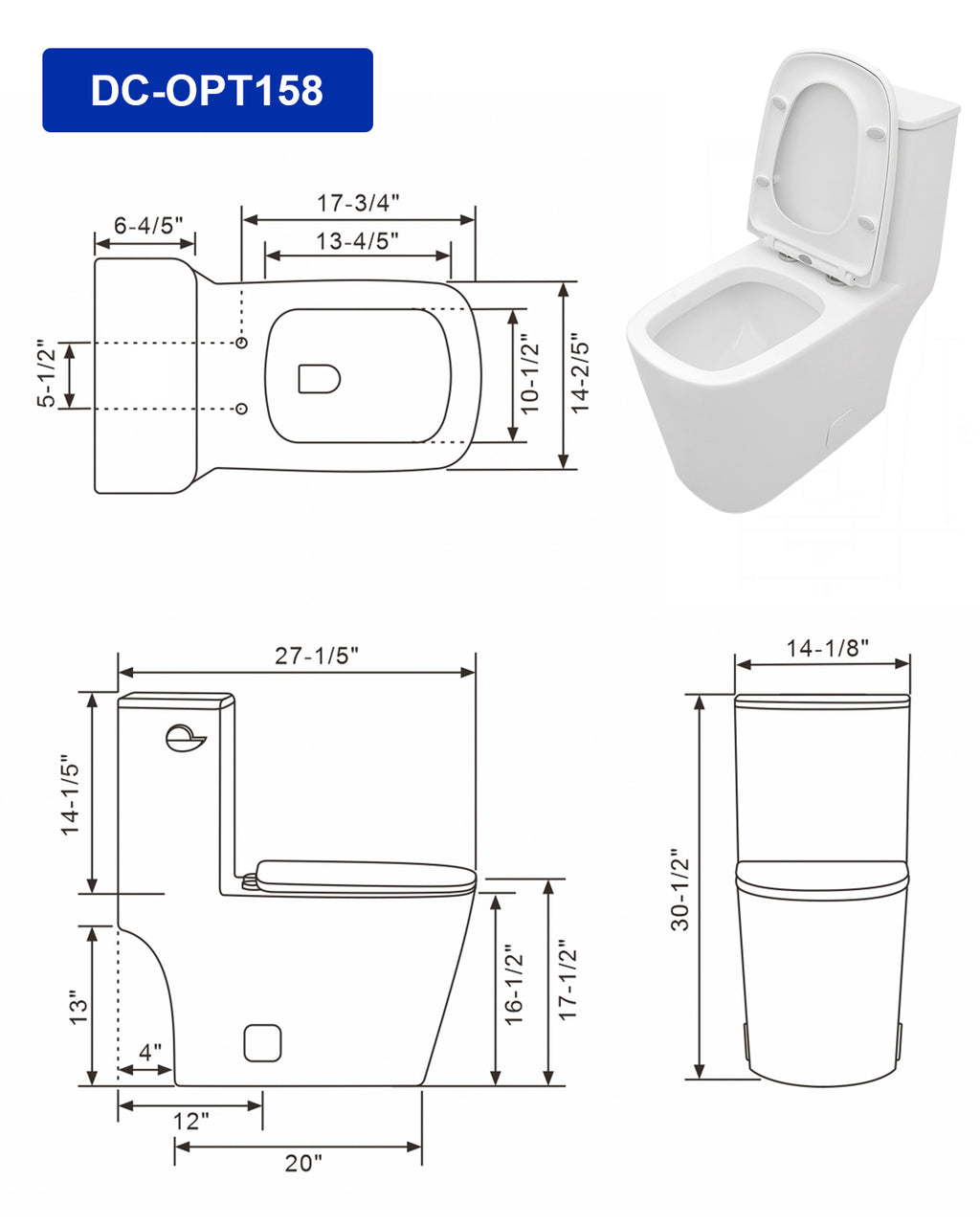 Dcolora One Piece Elongated Toilet, 1.28 GPF Power Flush, Soft Close Seat, 12'' Rough-In, Glossy White