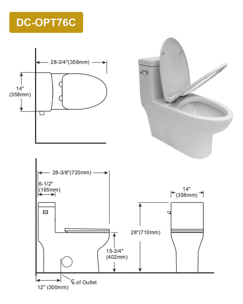 Dcolora One Piece Elongated Toilet, 1.28 GPF Single Flush Siphonic, Comfort Height White Ceramic, 12'' Rough-In