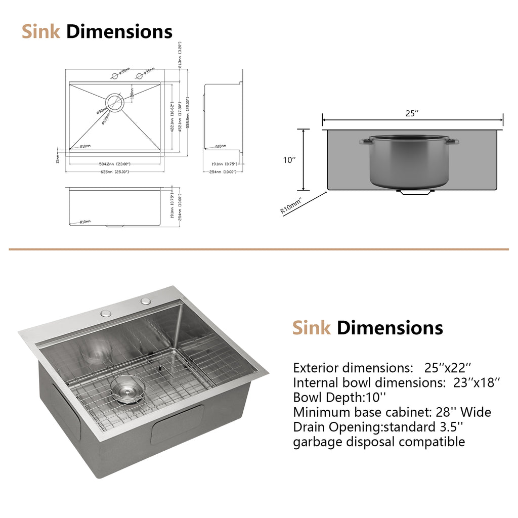 Dcolora 25''x22''x10'' Drop-In Kitchen Sink, 16 Gauge 304 Stainless Steel Single Bowl Topmount Workstation Basin, Round Corner