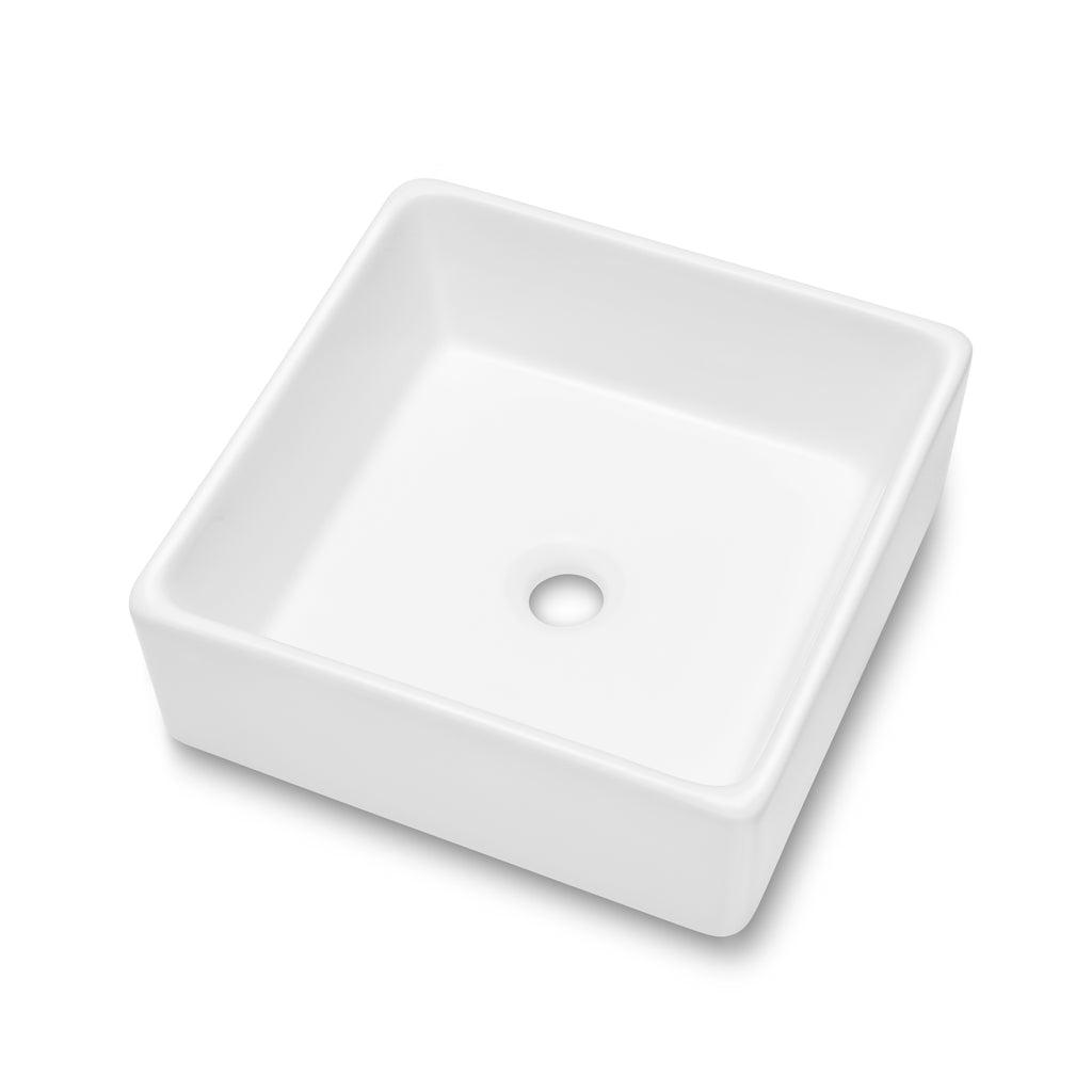 Dcolora 15''x15'' White Square Vessel Sink, Ceramic Porcelain Above Counter Bathroom Vanity Basin