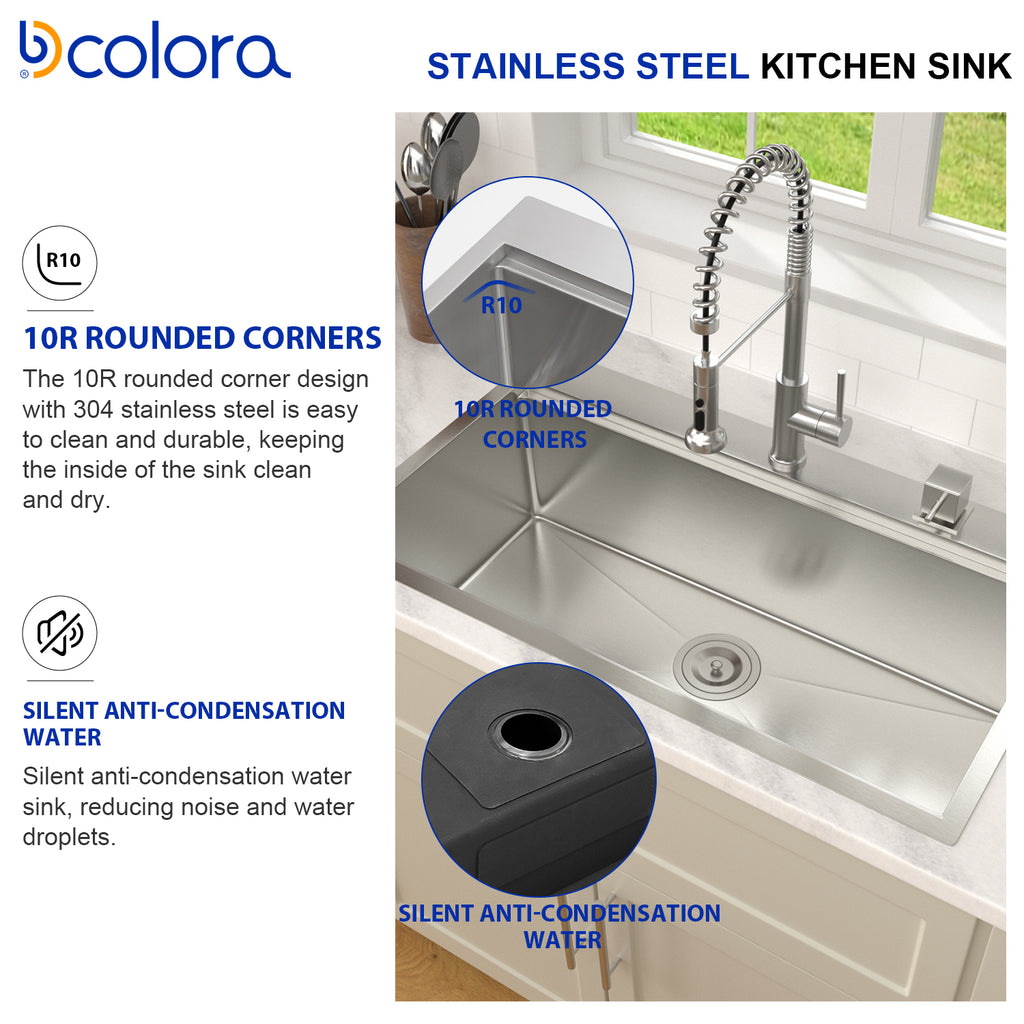 Dcolora 33''x19'' Brushed Nickel Drop-In Kitchen Sink, Hand Welded 16 Gauge 304 Stainless Steel Large Single Bowl Workstation