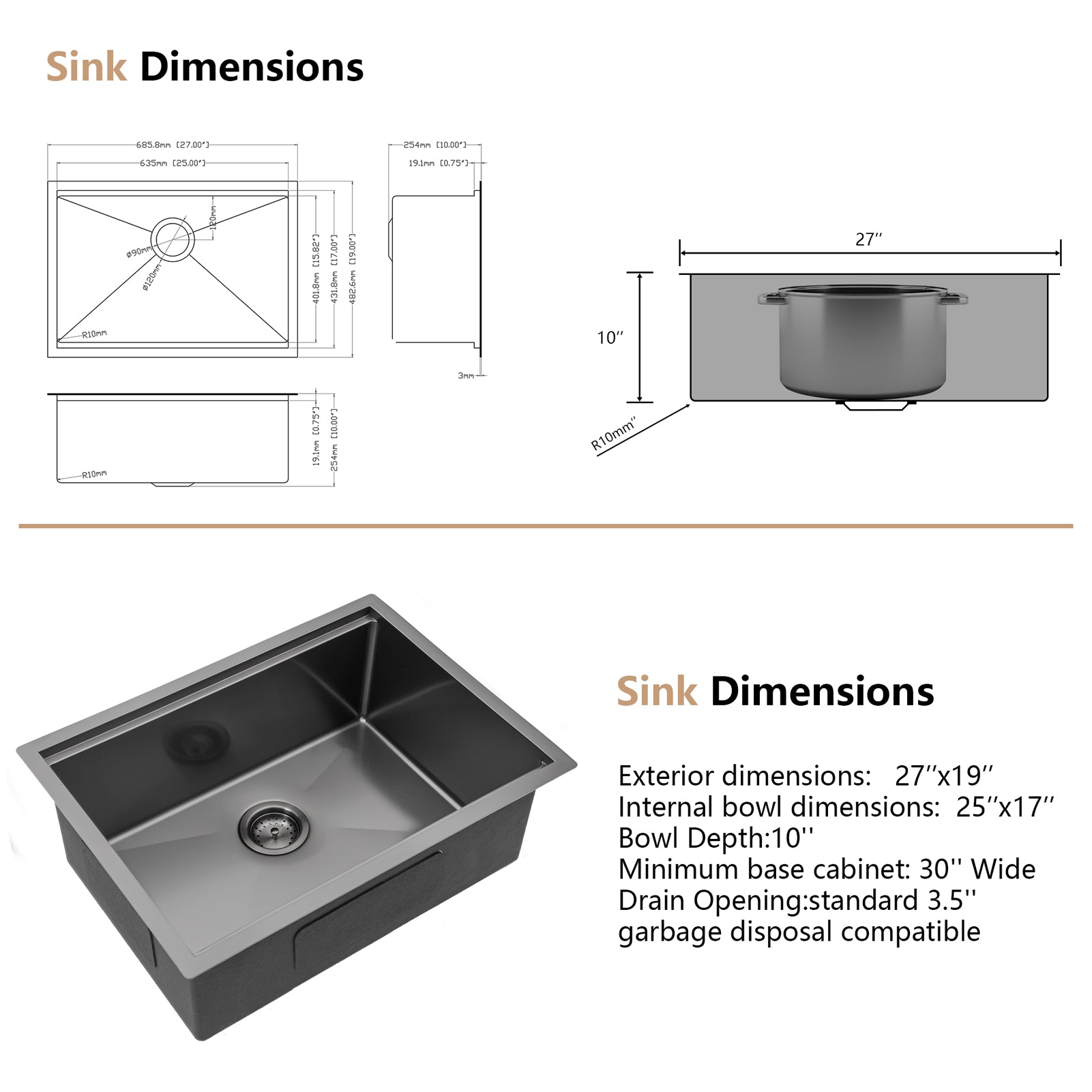 Dcolora 27 Kitchen Sink Gunmetal Black Stainless Kitchen Sink Undermount Workstation Gunmetal Black Stainless Steel 16 Gauge Single Bowl Kitchen Sink Basin (27"x19"x10"), DC-U7707