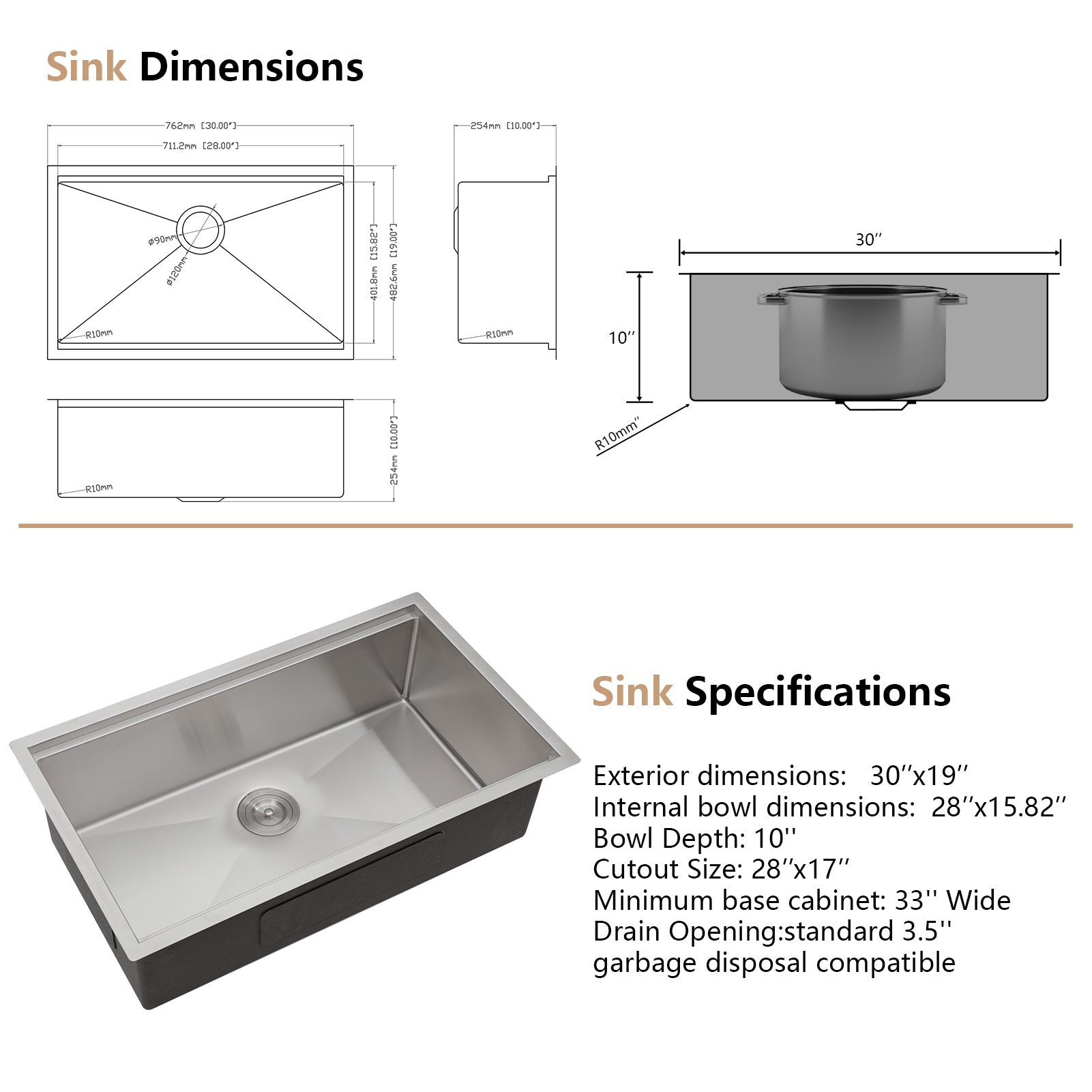 Dcolora 30 Inch Undermount Kitchen Sink Workstation 16 Gauge 304 Stainless Steel Large Single Bowl Under Counter Sinks, Round Corner 30"x19"x10", DC-U7702