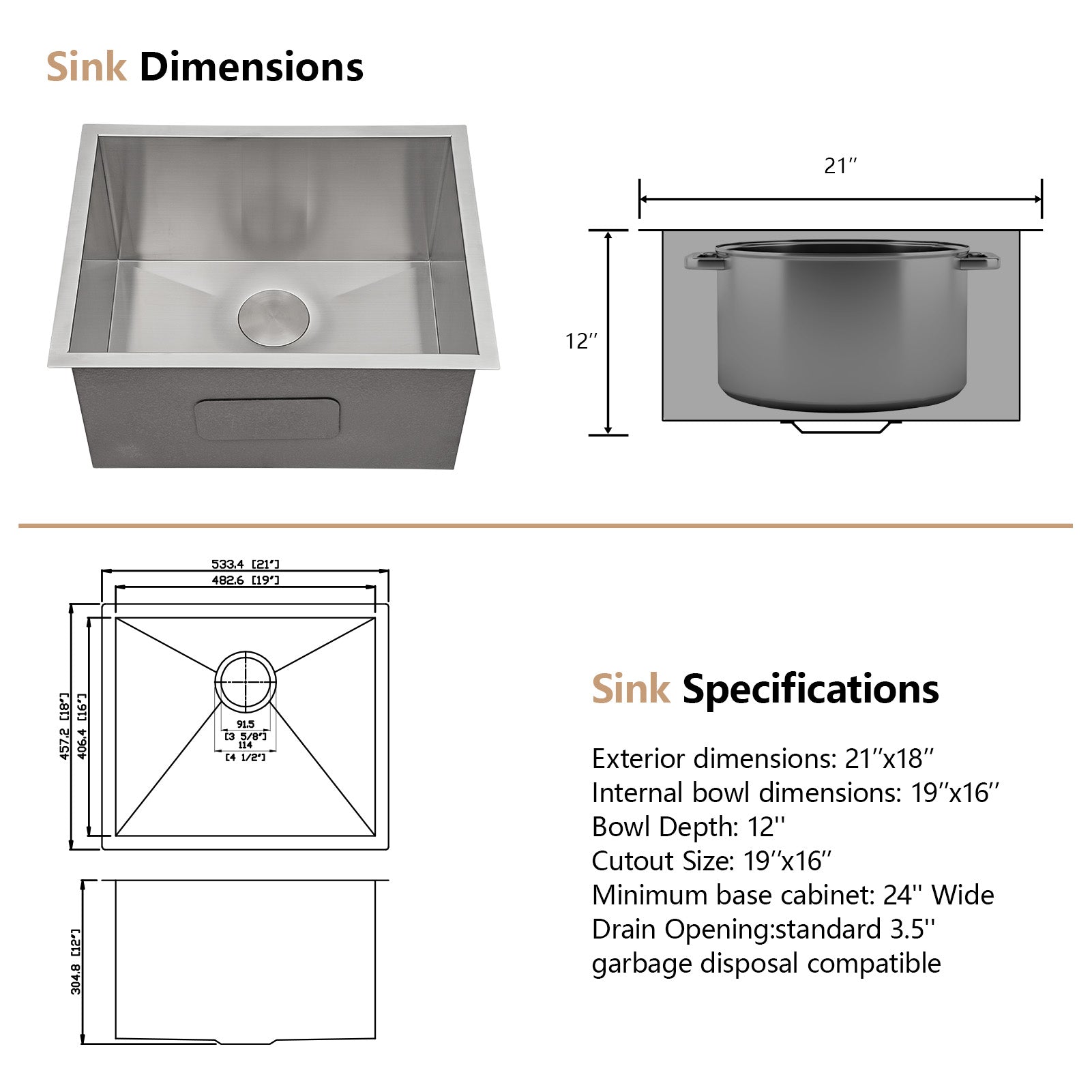 Dcolora 21 Inch Undermount Laundry Sink Stainless Steel Utility Sinks 12" Deep with X Grooves 16 Gauge Single Bowl Laundry Room Sink Basin Rectangular Under Counter Kitchen Sink DC-U7732, 21"x18"x12"