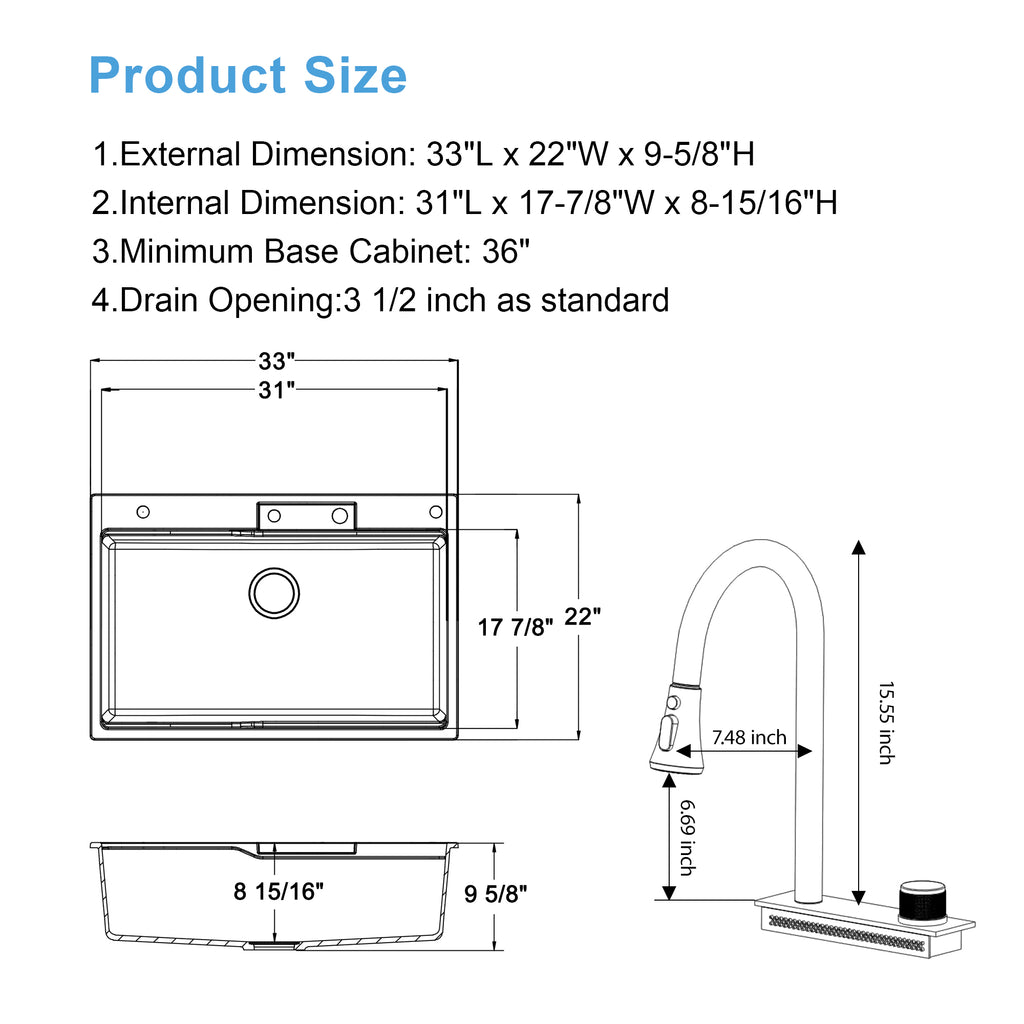 Dcolora 33''x22'' White Waterfall Smart Kitchen Sink, Drop-In Single Bowl Multifunctional Workstation Basin with Faucet
