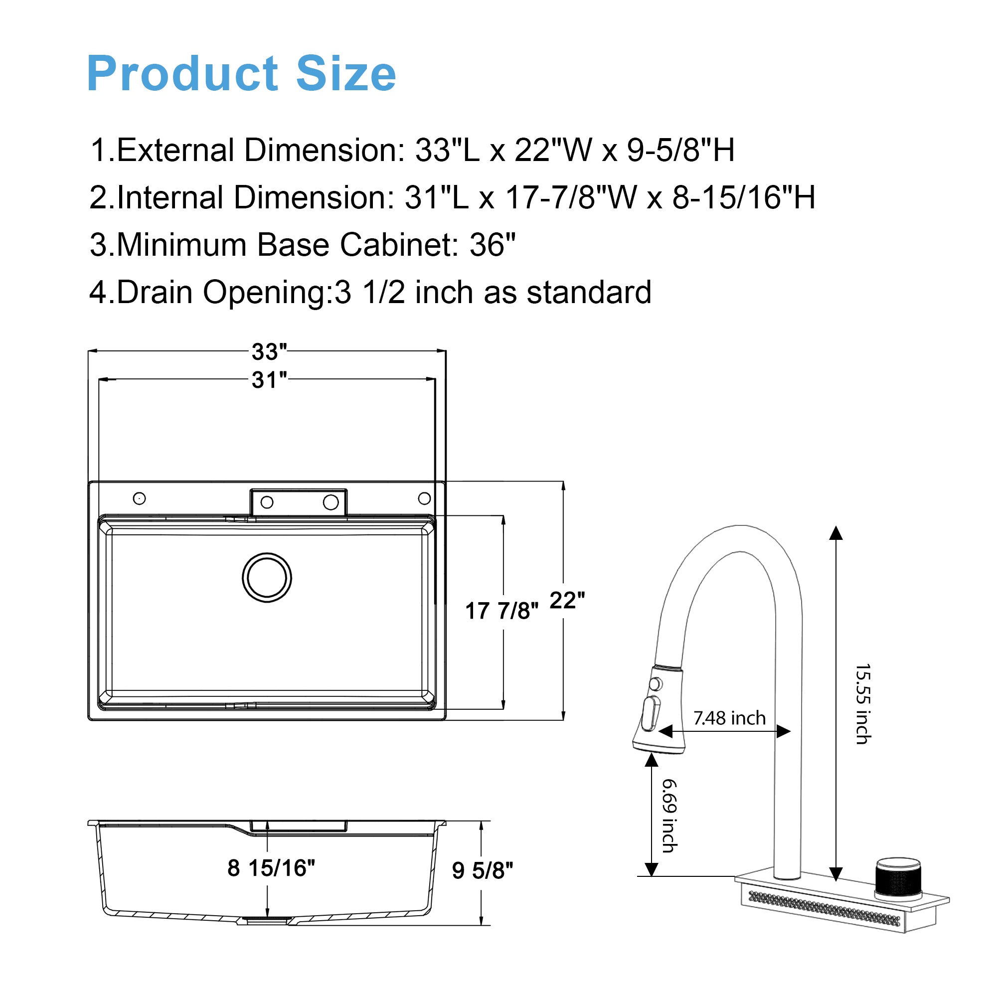 Dcolora 33x22 Waterfall Smart Kitchen Sink Workstation White Drop In Single Bowl Multifunctional Sink With Faucet