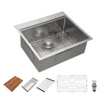 Dcolora 25''x22''x10'' Drop-In Kitchen Sink, 16 Gauge 304 Stainless Steel Single Bowl Topmount Workstation Basin, Round Corner