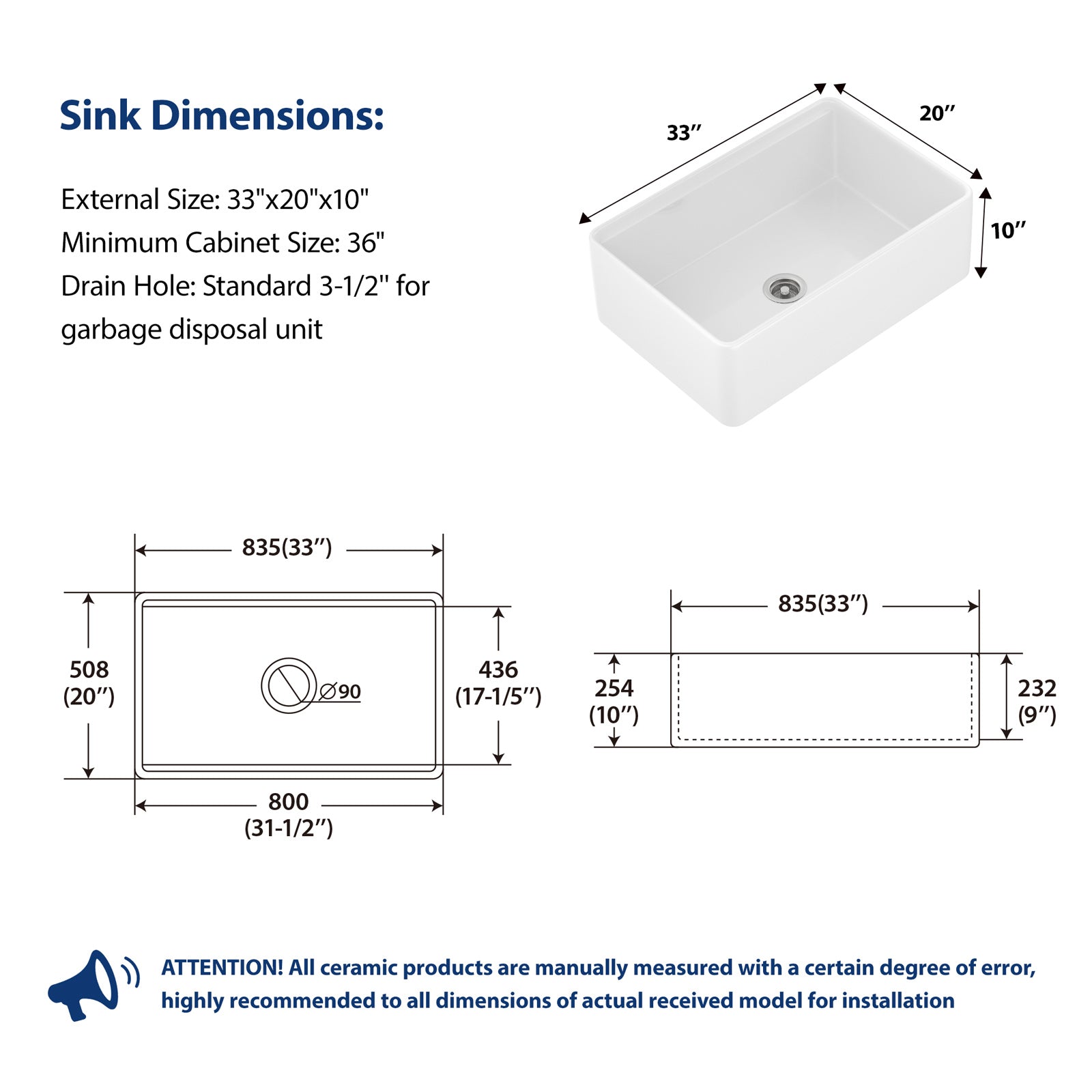 Dcolora 33" White Fireclay Workstation Farmhouse Apron Front Kitchen Sink Complete Accessory Kit