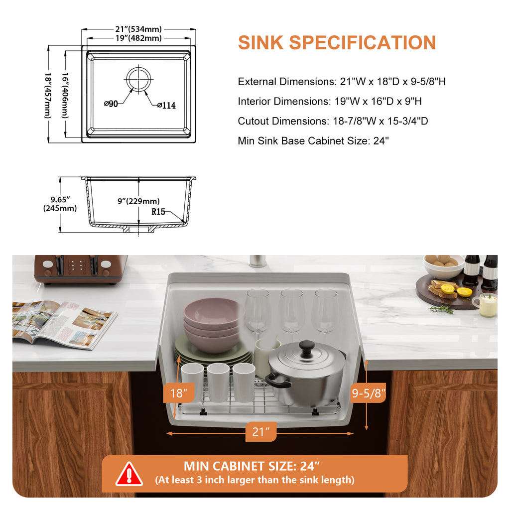 Dcolora 21 Inch Undermount White Wet Bar Sink  Quartz Composite Sink Single Bowl Workstation Kitchen Sink