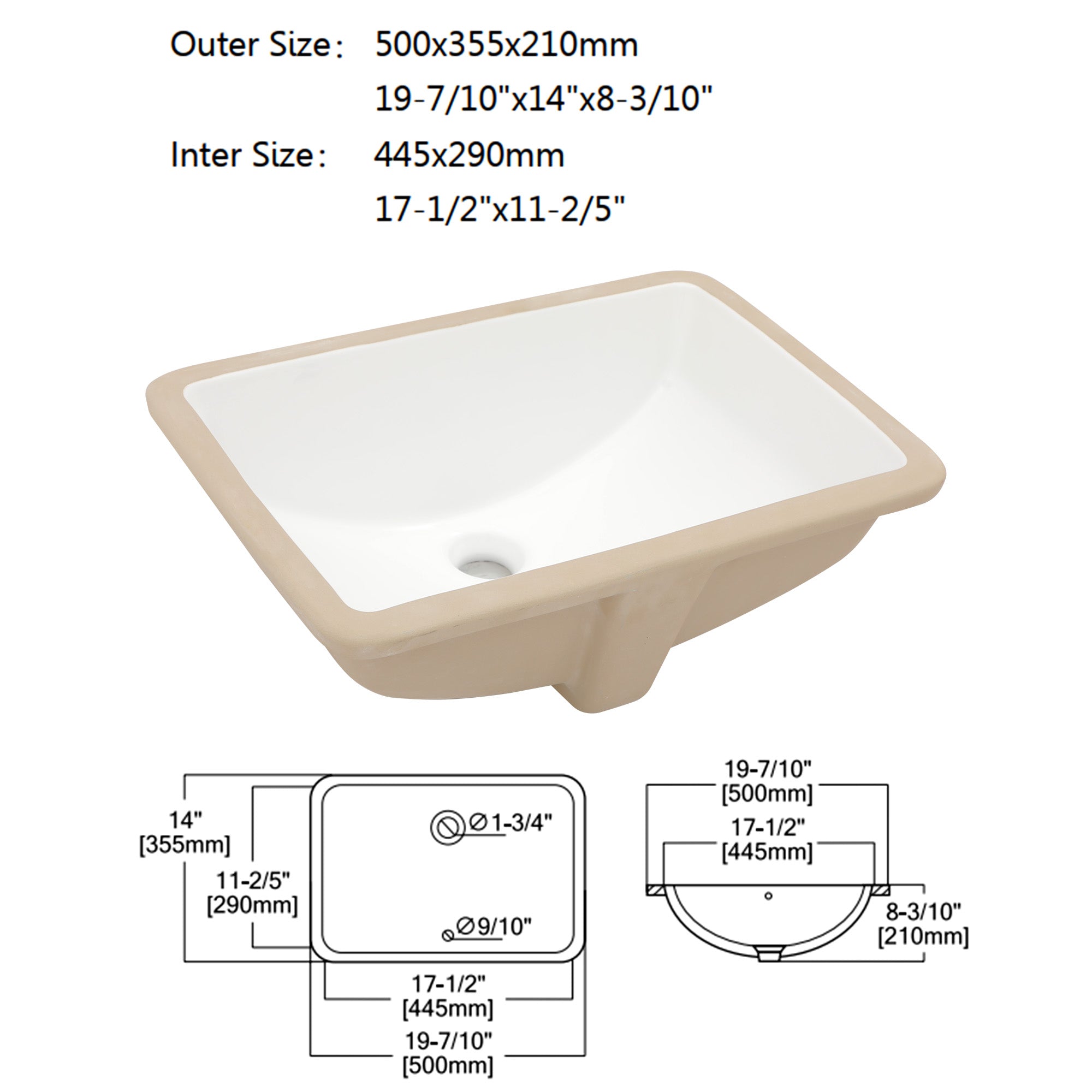 Dcolora 17.5''x11'' White Ceramic Rectangular Undermount Bathroom Sink, Vanity Basin with Overflow