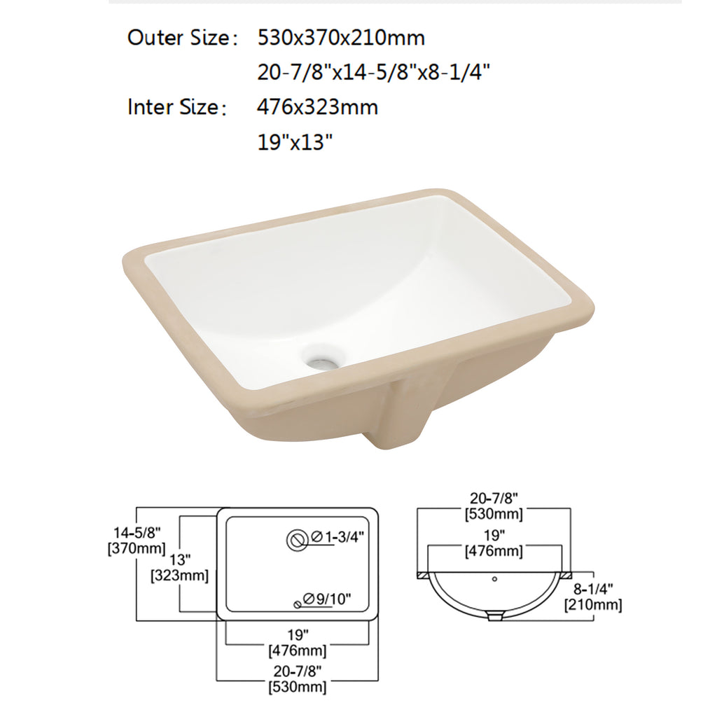 Dcolora 19''x13'' White Ceramic Rectangular Undermount Bathroom Sink, Vanity Basin with Overflow
