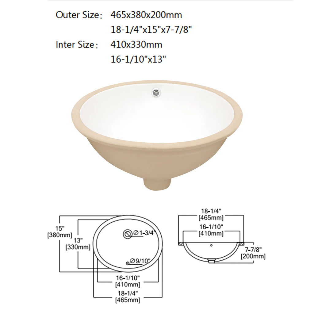 Dcolora 16''x13'' White Ceramic Oval Undermount Bathroom Sink, Vanity Basin with Overflow