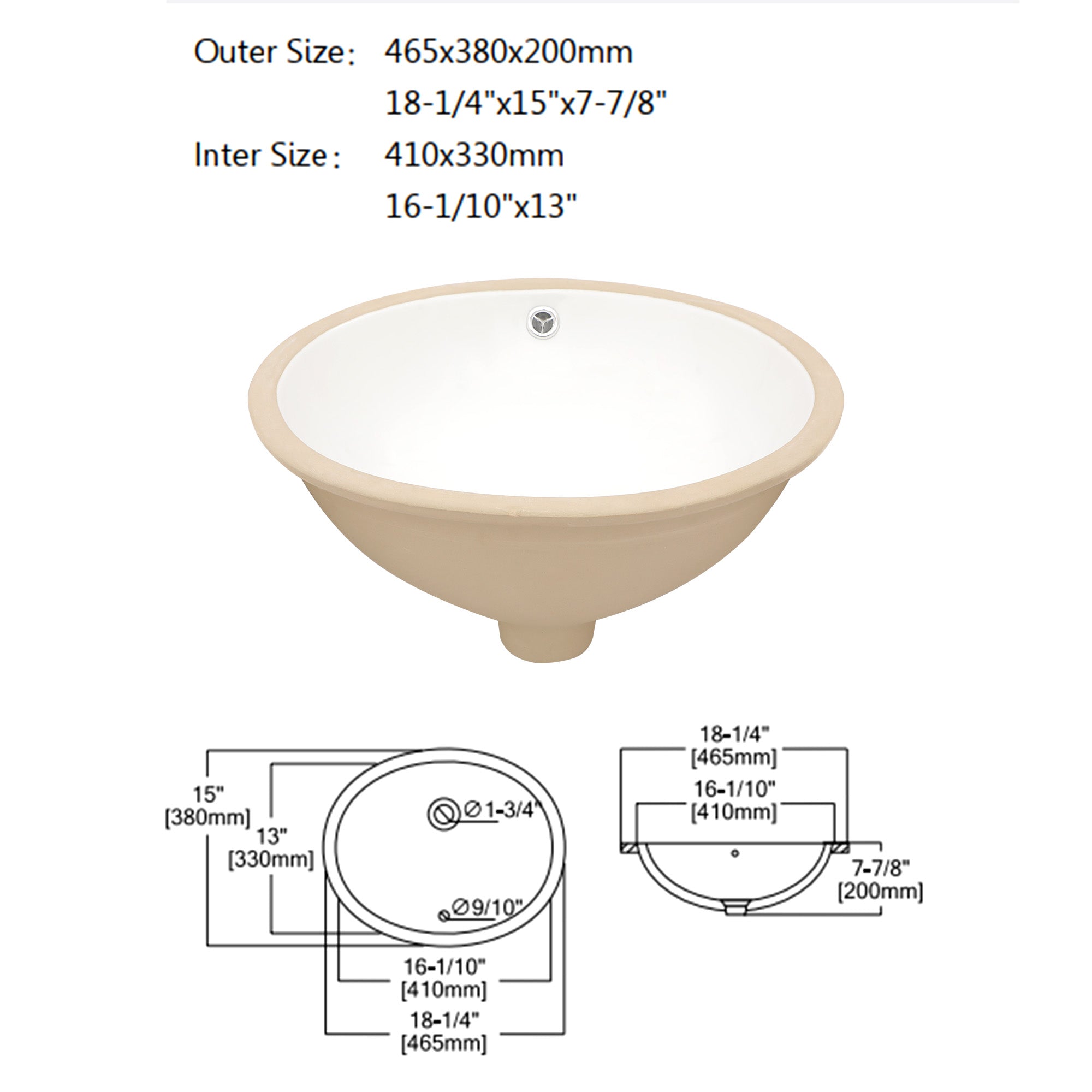 Dcolora 16''x13'' White Ceramic Oval Undermount Bathroom Sink, Vanity Basin with Overflow