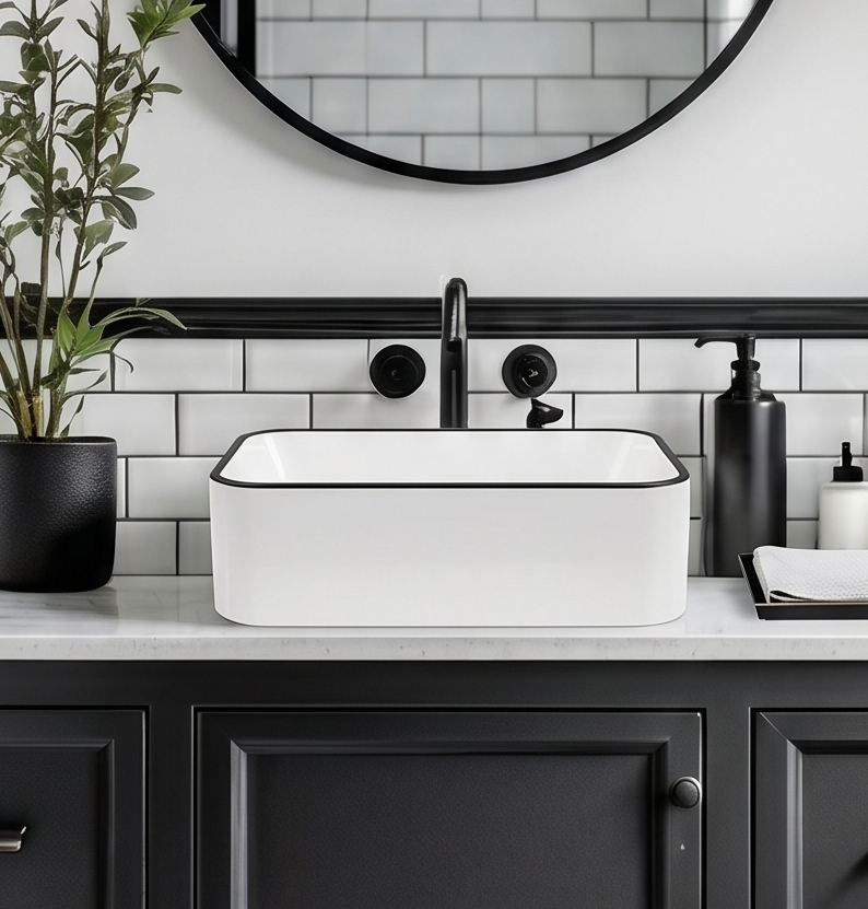 Dcolora Rectangular Vessel Sink 16"x12" - White with Black Rim Ceramic Porcelain Above Counter Bathroom Vanity Sink Basin