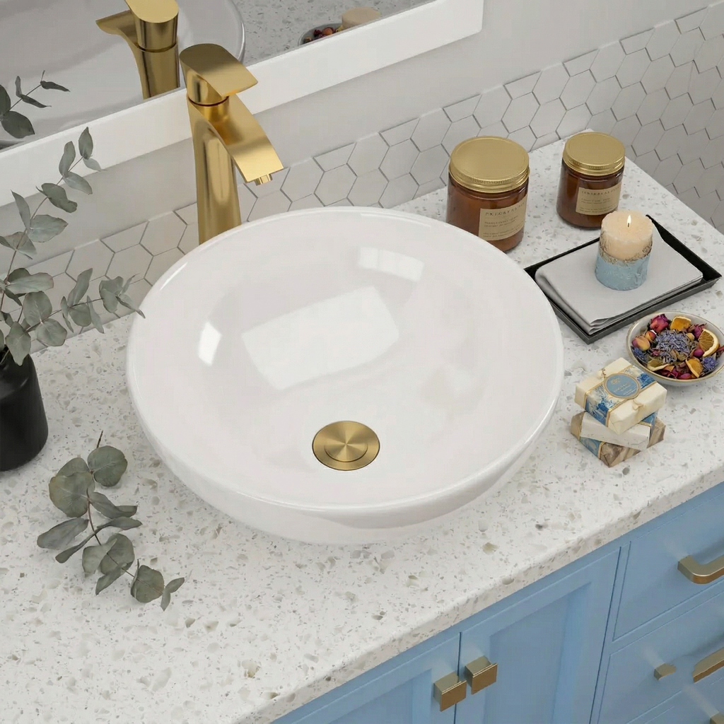 Dcolora 16" × 16" White Round Vessel Sink - Above Counter Ceramic Bathroom Vanity Sink Basin