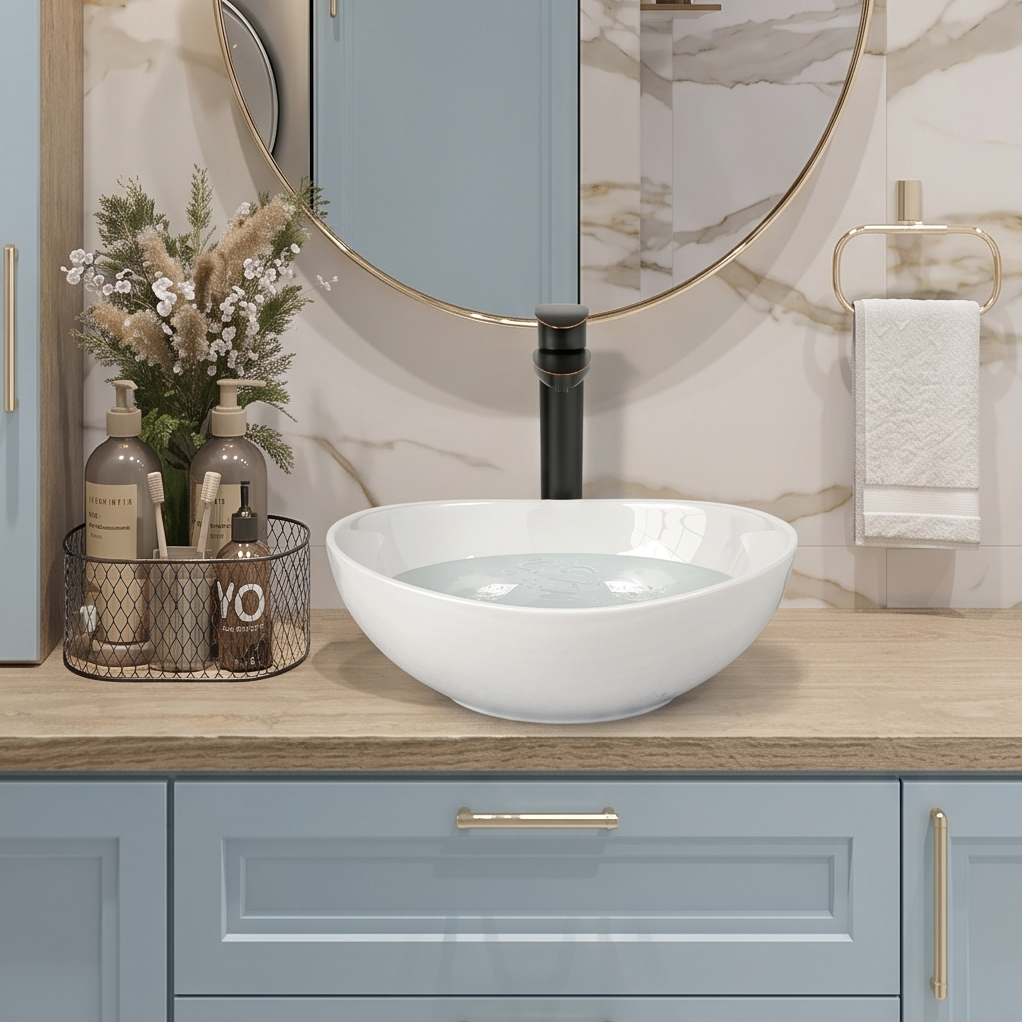 Dcolora 16" × 13" White Oval Vessel Sink - Above Counter Ceramic Bathroom Vanity Basin