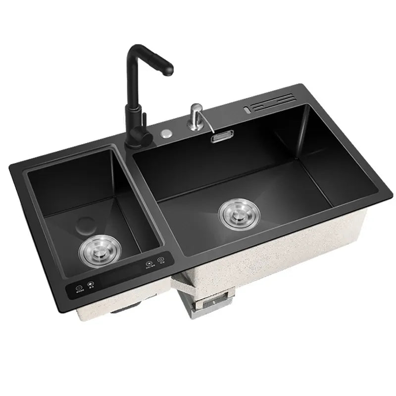 Dcolora Smart Ultrasonic Kitchen Black Sink Vegetable Dishwasher 304 Stainless Steel Seamless Handmade Sink