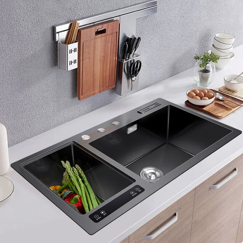Dcolora Smart Ultrasonic Kitchen Black Sink Vegetable Dishwasher 304 Stainless Steel Seamless Handmade Sink