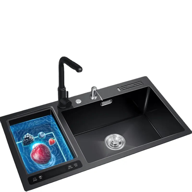 Dcolora Smart Ultrasonic Kitchen Black Sink Vegetable Dishwasher 304 Stainless Steel Seamless Handmade Sink