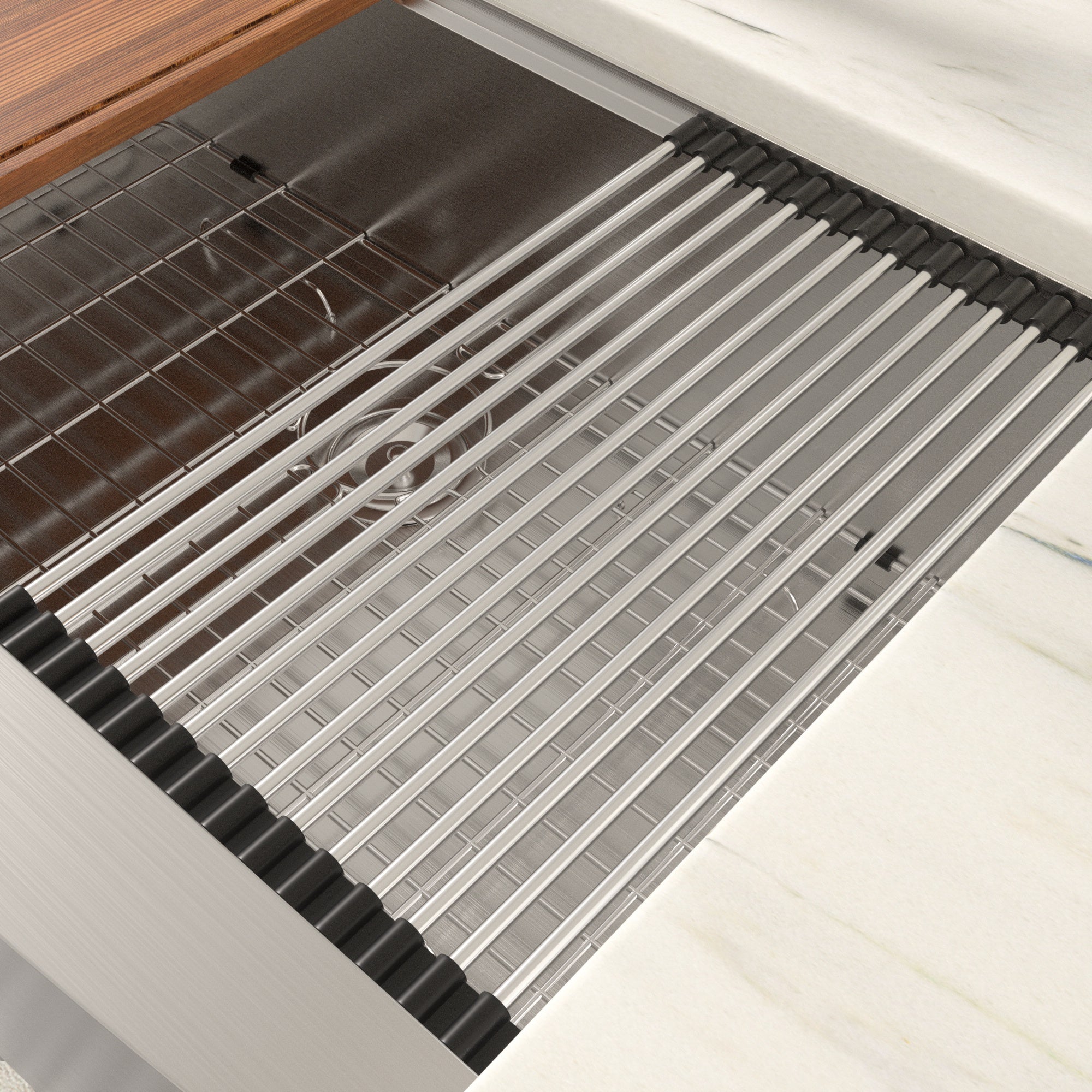 Dcolora Over Sink Foldable Roll-Up Dish Drying Rack, 304 Stainless Steel with Silicone Wrapped Ends, for Dcolora Kitchen Sink