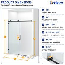Dcolora DC-SD263884 matte black frameless sliding shower door — opening dimensions