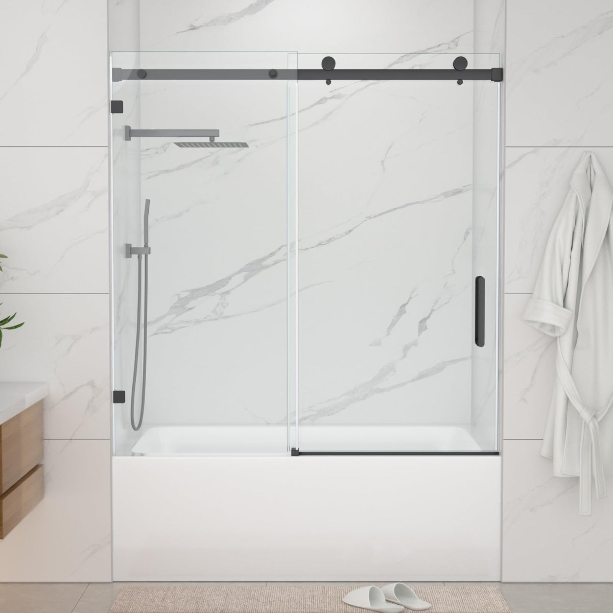 Dcolora DC-SD263887 matte black frameless sliding bathtub door — product view