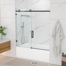 Dcolora DC-SD263887 matte black frameless sliding bathtub door — alternate installed view